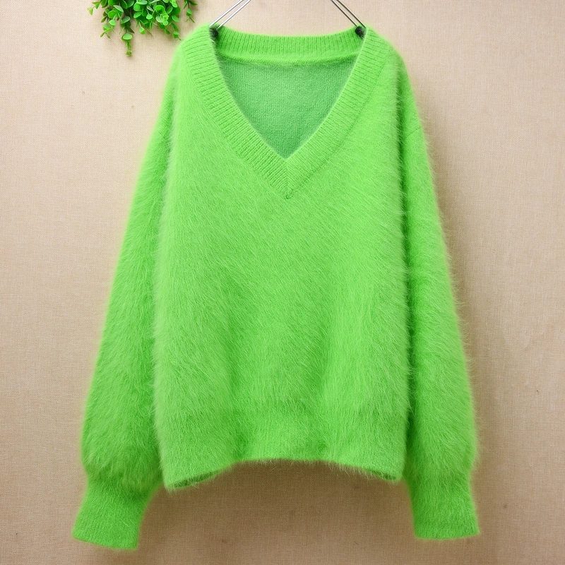 

female women winter thick warm green hairy mink cashmere knitted long lantern sleeves v-neck loose pullover angora fur sweater