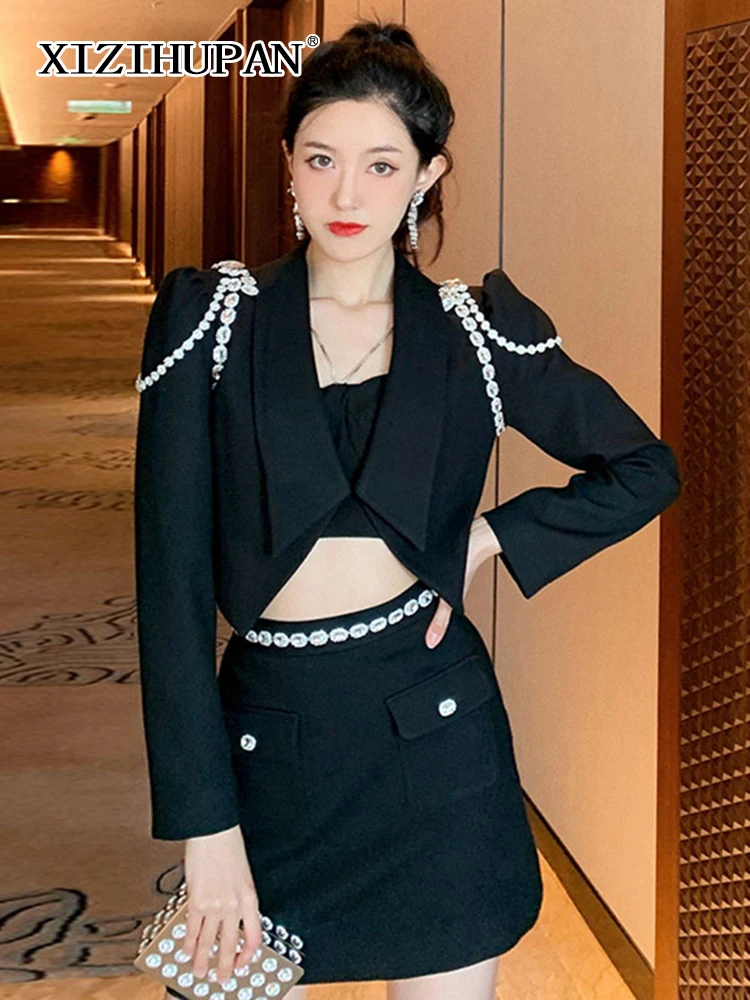 

XIZIHUPAN Casual Solid Set For Women Notched Collar Long Sleeve Top High Waist Slimming Skirt Female 2022 Spring Clothing Style