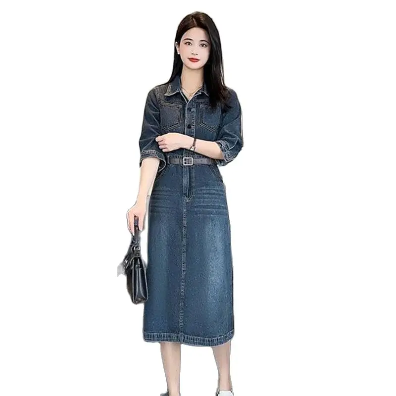 M-3XL Women Mid-length Denim Dresses Spring Autumn Fashion Long-sleeve Adjustable Waist Stretch Fabric Slim Cotton Dress Female