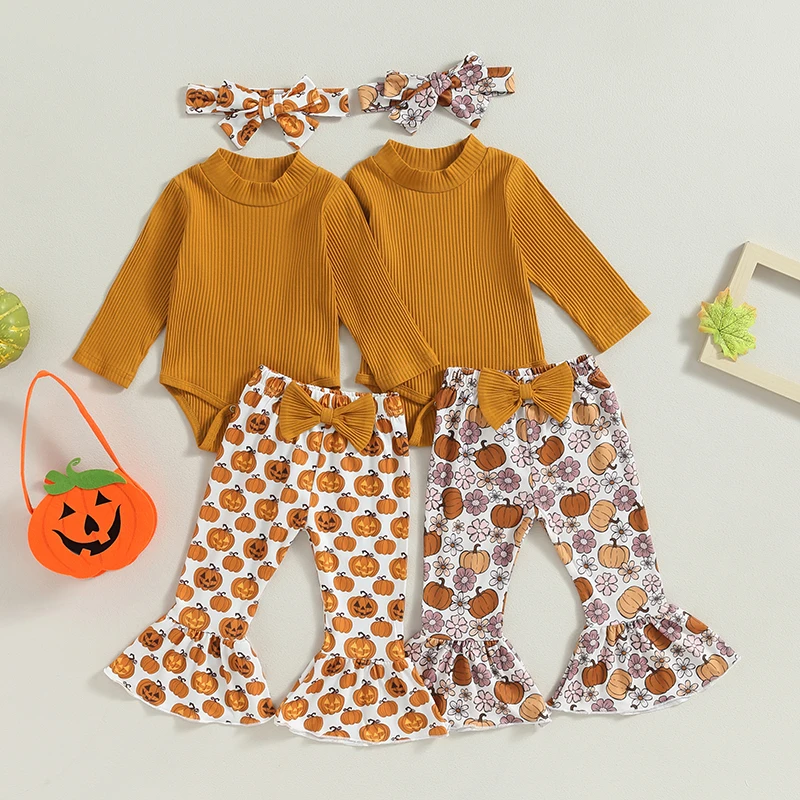 

0-24Months Baby Girl Halloween Clothes Ribbed Long Sleeve Romper Pumpkin Print Flare Pants Headband Set Fall Outfit