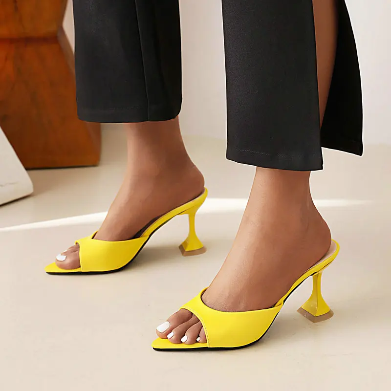 

Женские шлепанцы без застежки, желтые, оранжевые или розовые шлепанцы на высоком каблуке, с острым носком, летние сандалии, 2022