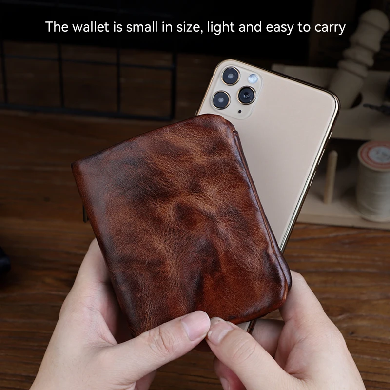 Vintage Men's Card Wallet Handmade Genuine Leather Card Slot With Zipper Coin Purse Short Wallet For Male Women's Money Bag
