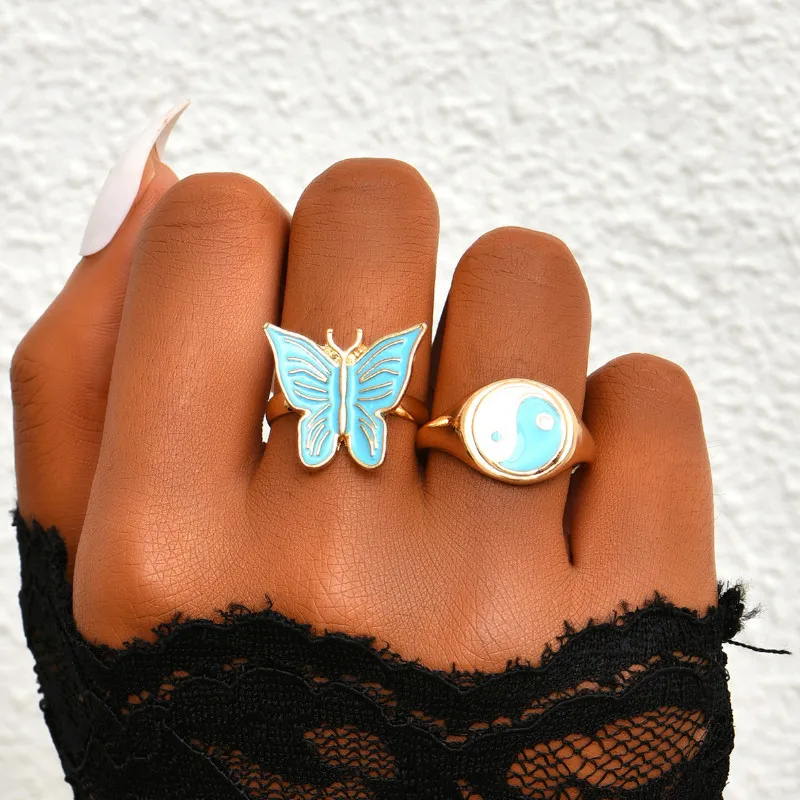

Trendy Jewelry Women Ring 2 Pcs/set Creative Blue Alloy Butterfly Gossip Rings Set 2022 Fashion Accessories