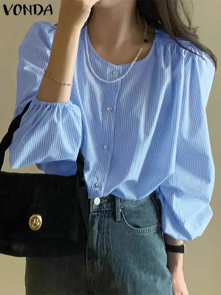 

Striped Shirts Fashion Women Tops Long Sleeve Round Neck Buttons Autumn Blouse 2023 VONDA Elegant Casual Loose Blusas Streetwear