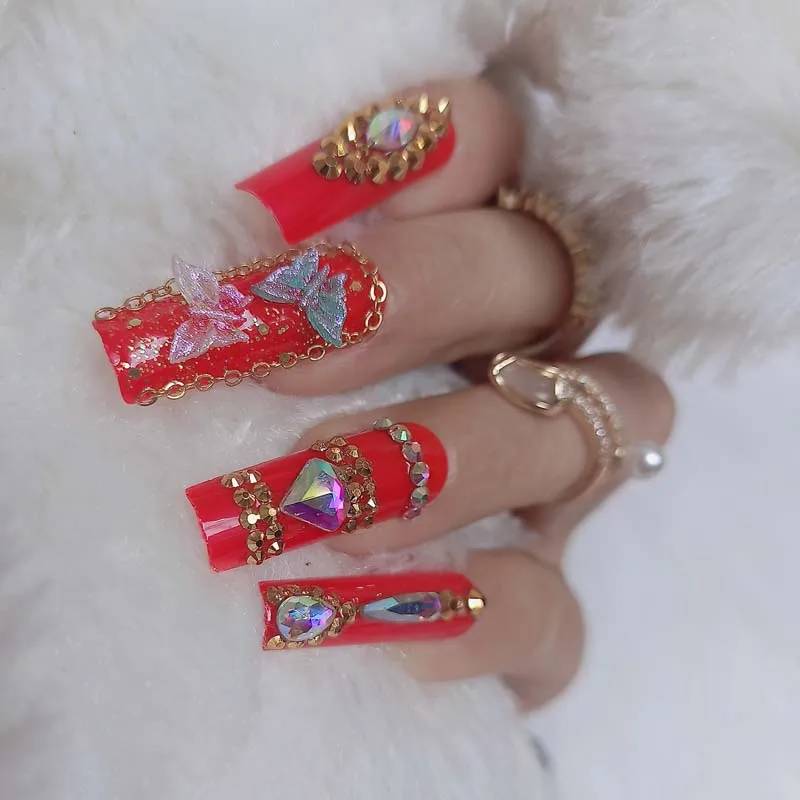 

24pcs luxury jewelry wide head Crystal full of diamonds long ballet coffin fake nails red