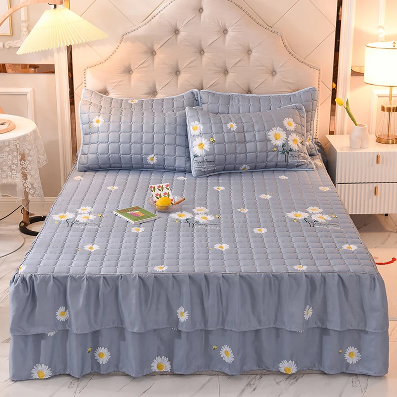 

Luxury Couple Quilted Mattress Cover Bedspread Elastic Fitted Sheet with Skirt Lace Single Double Bed Line 2 People 150 180