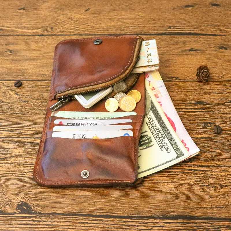 Original Vintage Genuine Leather Men's Short Wallet Fold Card Holder Money Bag for Male Retro Zipper Coin Purse