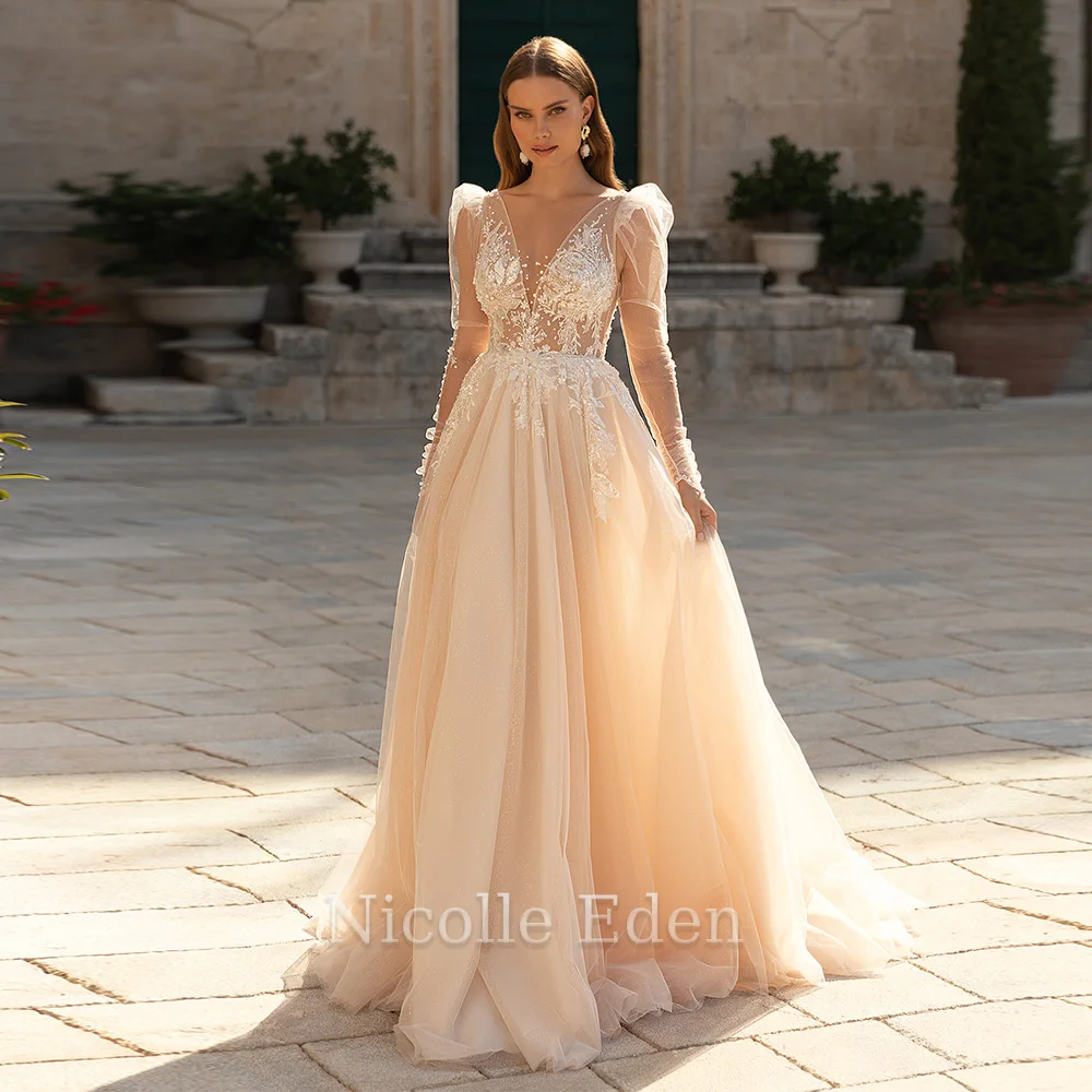 

Nicolle Eden Vintage A Line Wedding Dresses For Women Long Puff Sleeve Lace Bridal Gown Floor Length Robe De Mariée Customised