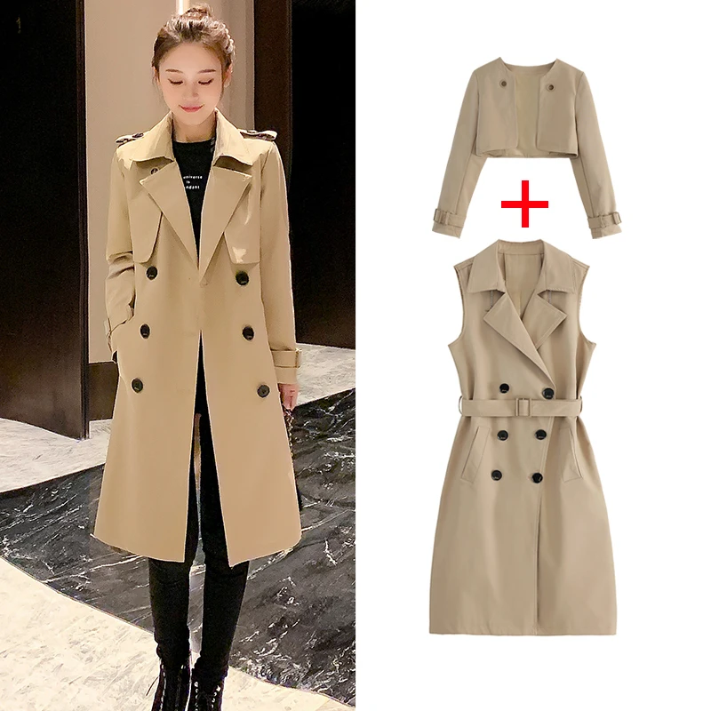 

Женский двубортный плащ средней длины, комплект из двух предметов цвета хаки, Повседневная ветровка с поясом и длинным рукавом, весна-осень 2023