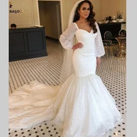 sequin wedding dresses arabic aso ebi sparkly mermaid bride gowns long puffy sleeves vestidos de noiva robe mariee