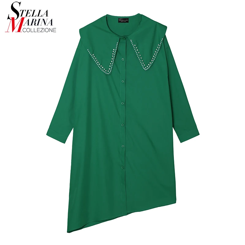 

New Solid Green White Long Sleeve Woman Big Size Loose Fit Shirt Dress Sloping Hem Beads Crystals Girls Casual Robe Femme MWW310