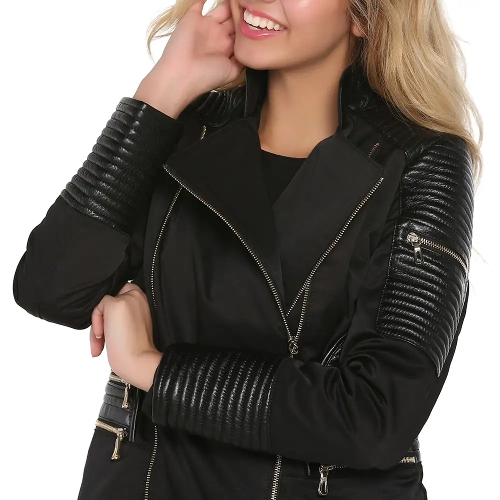 S'elite collection real leather and fabric women's black jacket genuine leather female water repellent winter autumn spring