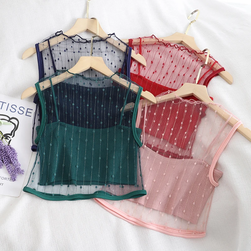 

Women Summer 2022 Sexy Short Navel Lace Shirt Vest Knitted Tank Top Female Clothing Camisole Sling Y2k Fashion Crop Tops Mujer