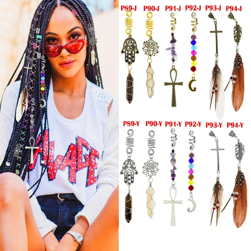 

6 Styles Handmade Natural Stone Chakras Crystal Feather Hair Dreadlock Beads Loc Jewelry Pins Clips Braiding Cuffs Accessories