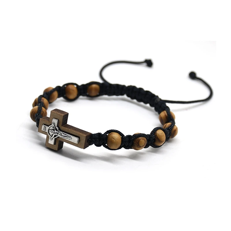 Wood Beads Strand Cross Bracelets Adjustable Religious Catholic Jewelry For Men Women |