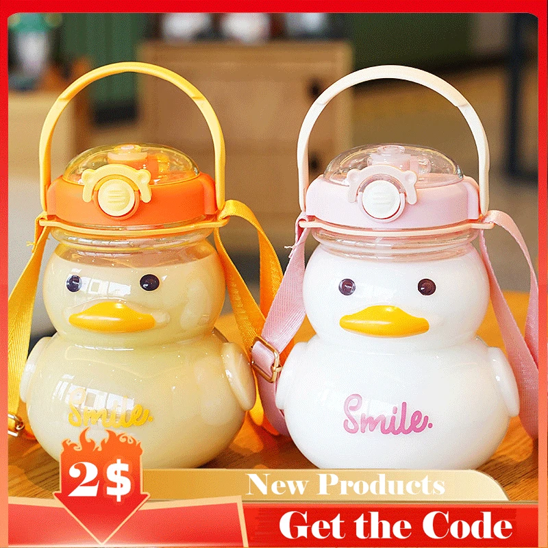 

1L Yellow Duck Plastic Tumbler Kids School Kawaii Cup Summer Travel Mug Portable Sport Straw Kettle Cute Water Bottle For Girls