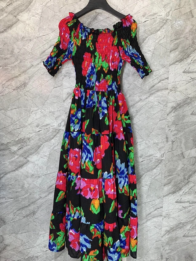 

2023 new women fashion short sleeve one-word collar bright print big pendulum puffy long dress dress 0611