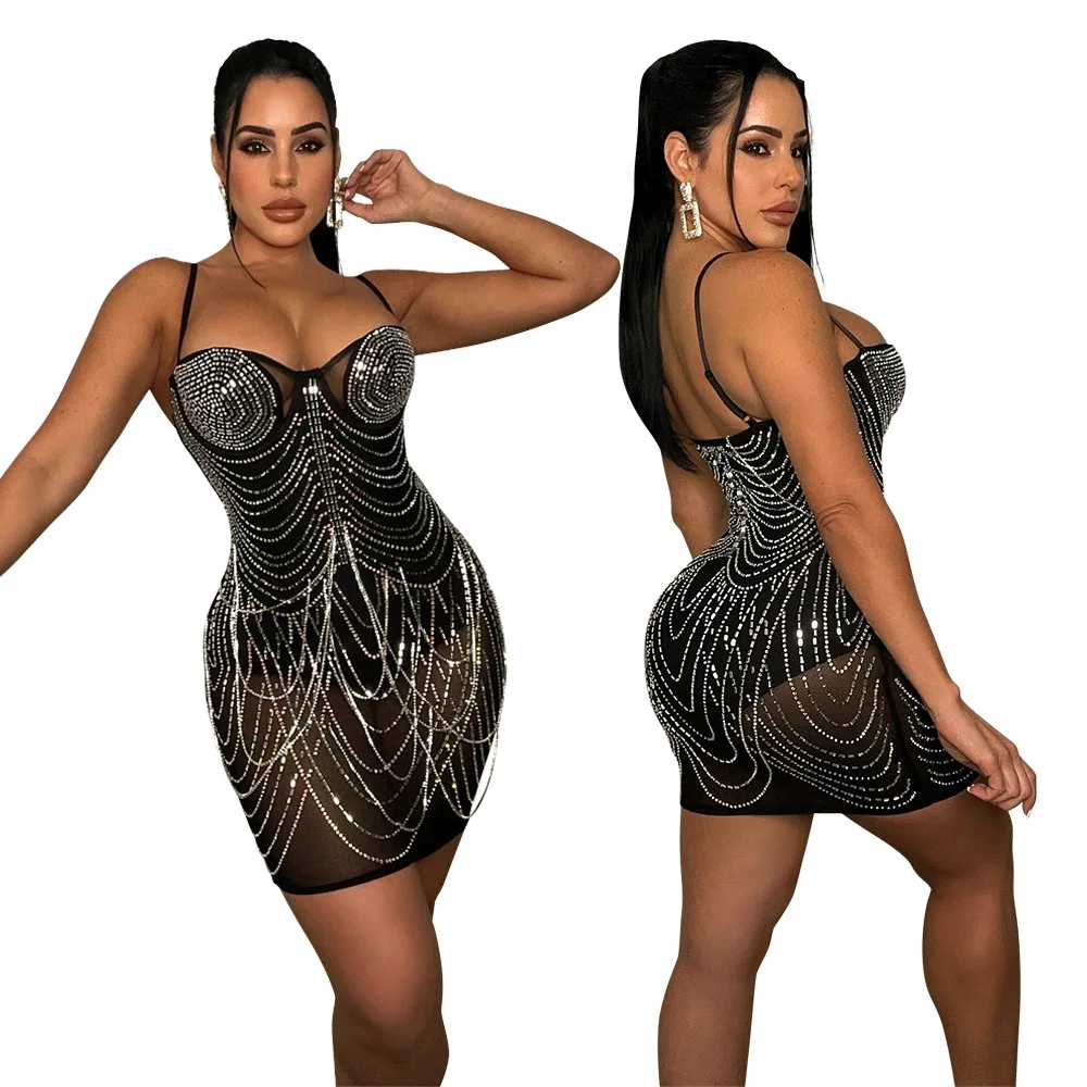 Women Sexy Sequins Mini Prom Evening Dress Spaghetti Backless Hollow Sleeveless Party Dress Sexy Bodycon Nightclub Dress