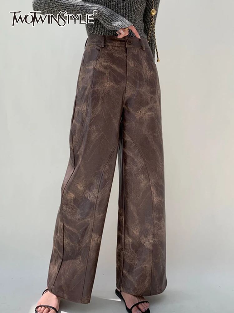 

TWOTWINSTYLE Leather Spliced Zipper Pants For Women High Waist Patchwork Pockets Vintage Casual Pant Female Fashion Clothing New