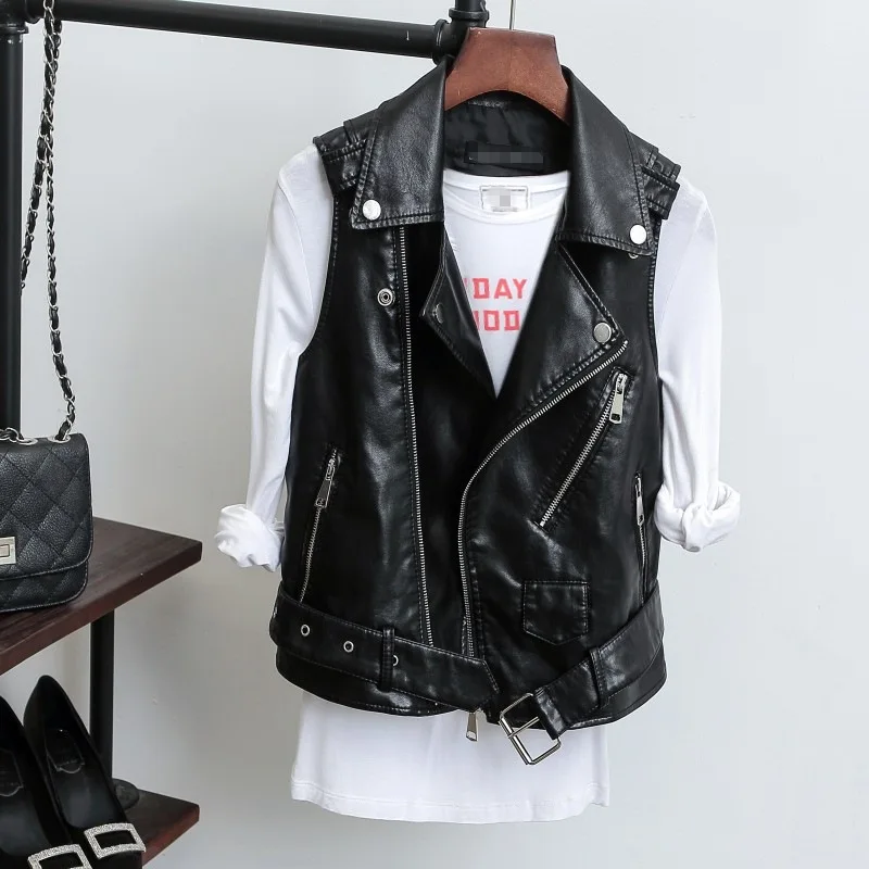 

Women Spring PU Leather Black Vest Solid Vest Waistcoat Female Autumn Fashion Sleeveless Zipper Vests Polyester Streetwear Tops