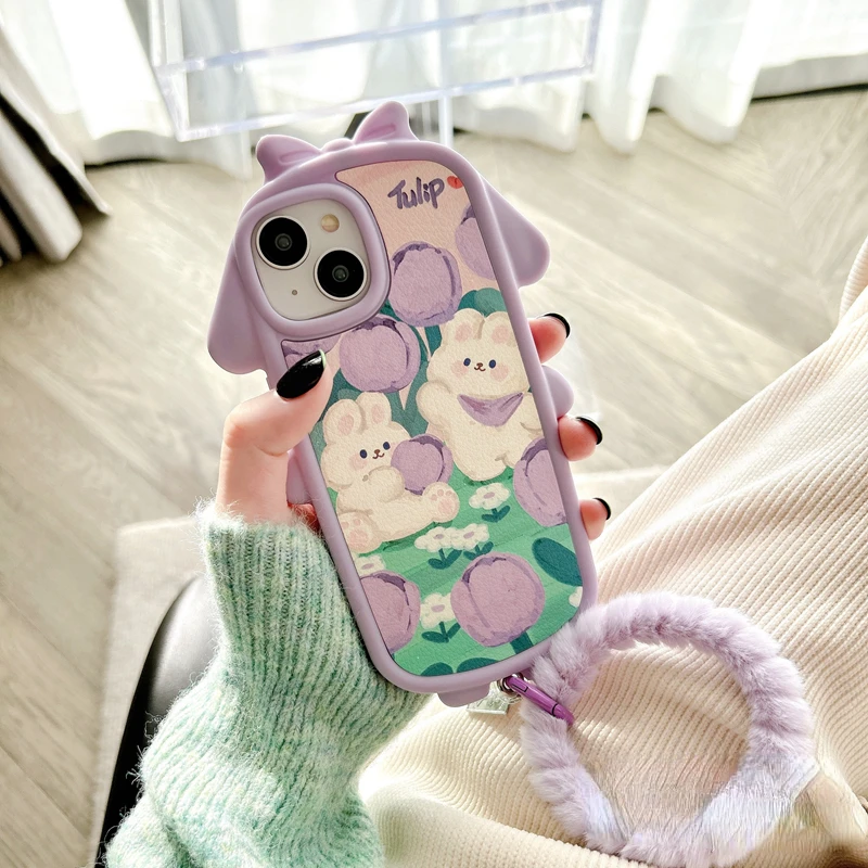 

INS Style Tulip With Lanyard 3D Creative Purple Flower Rabbit Phone Case For IPhone14Pro Max 13Plus 12 11 X XR/XS Silicone Cover