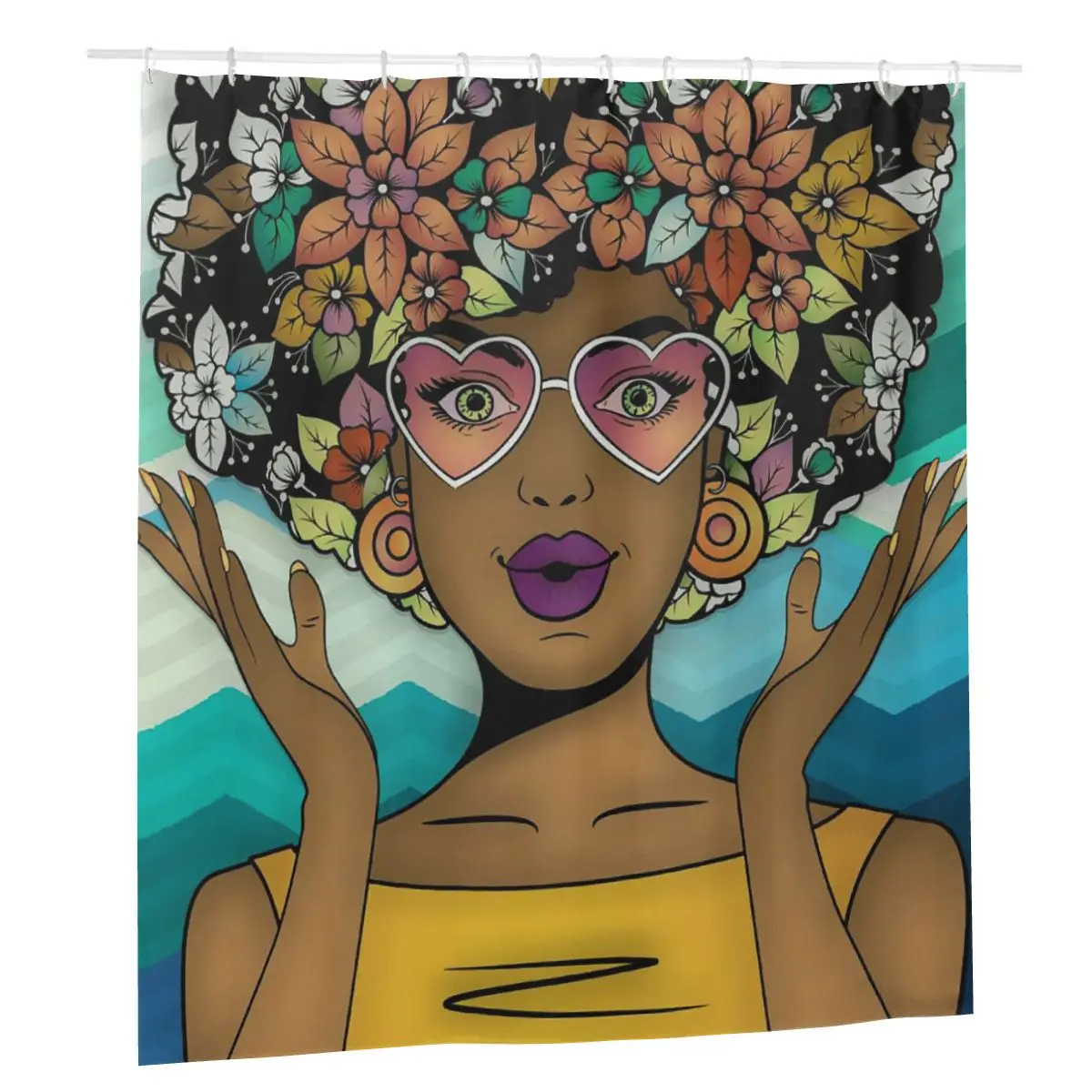 

Afro Girl Shower Curtains Bathroom Bath Curtain with 12 Hook Bathing Screen Polyester African American Women Custom Curtains