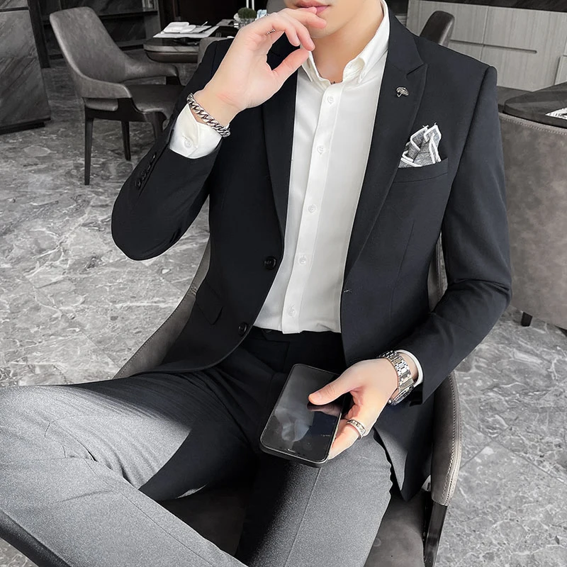 (Jacket+Pants) Fashion Men's Pure Color Leisure Suits Gray Blue Black Slim Fit Men Business Banquet Suit Set Plus Size 3XL 4XL images - 6