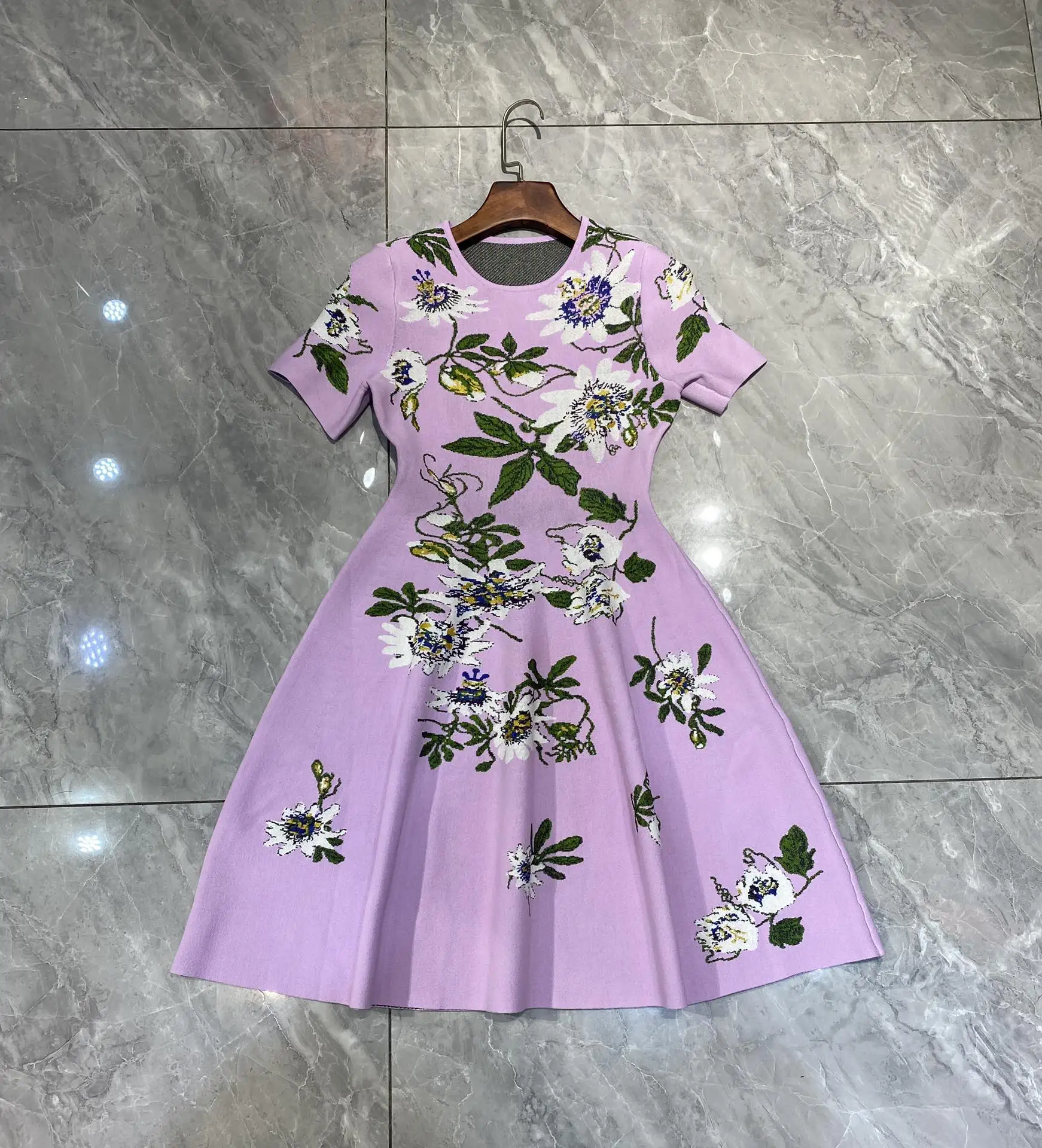 

High quality Floral printed short sleeve knitted dresses o-neck women sweet mini dress