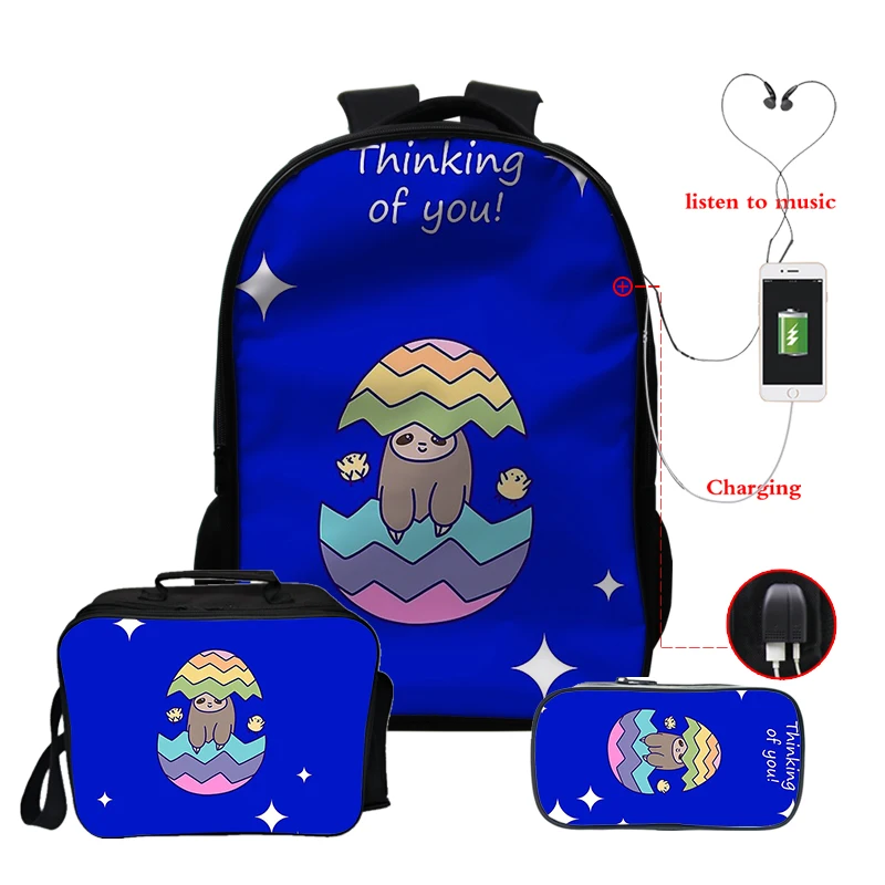 

3d 16Inch Usb Backpack with Lunch Bags Pen Bag Sloths Bag Fashion SchoolBag Boys 3pcs/set Cartoon Kawaii Sloths Animal Blue Bag