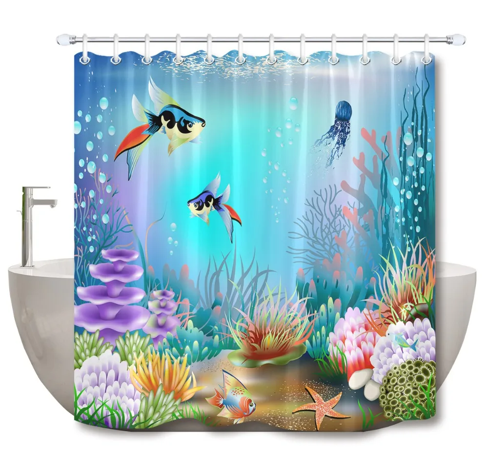 

3D подводный мир рыб, кораллов и растений, очень длинная душевая занавеска, набор ковриков, водонепроницаемая ткань для ванной комнаты, декор для ванной комнаты