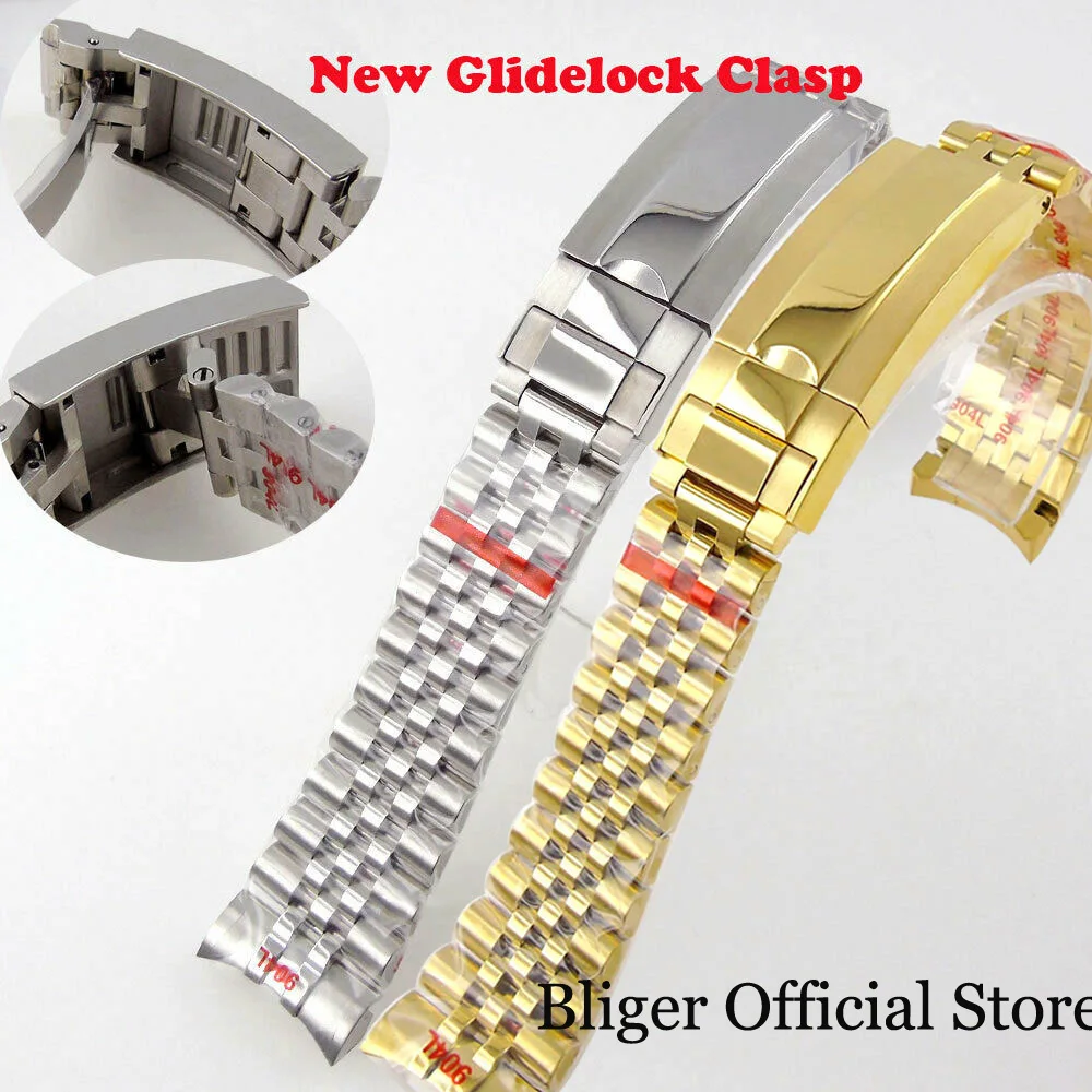 BLIGER Silver Gold Nologo 20mm width Jubilee Strap Bracelet with Slide Glide Lock Clasp 316L Stainless Steel fit GMT Watch