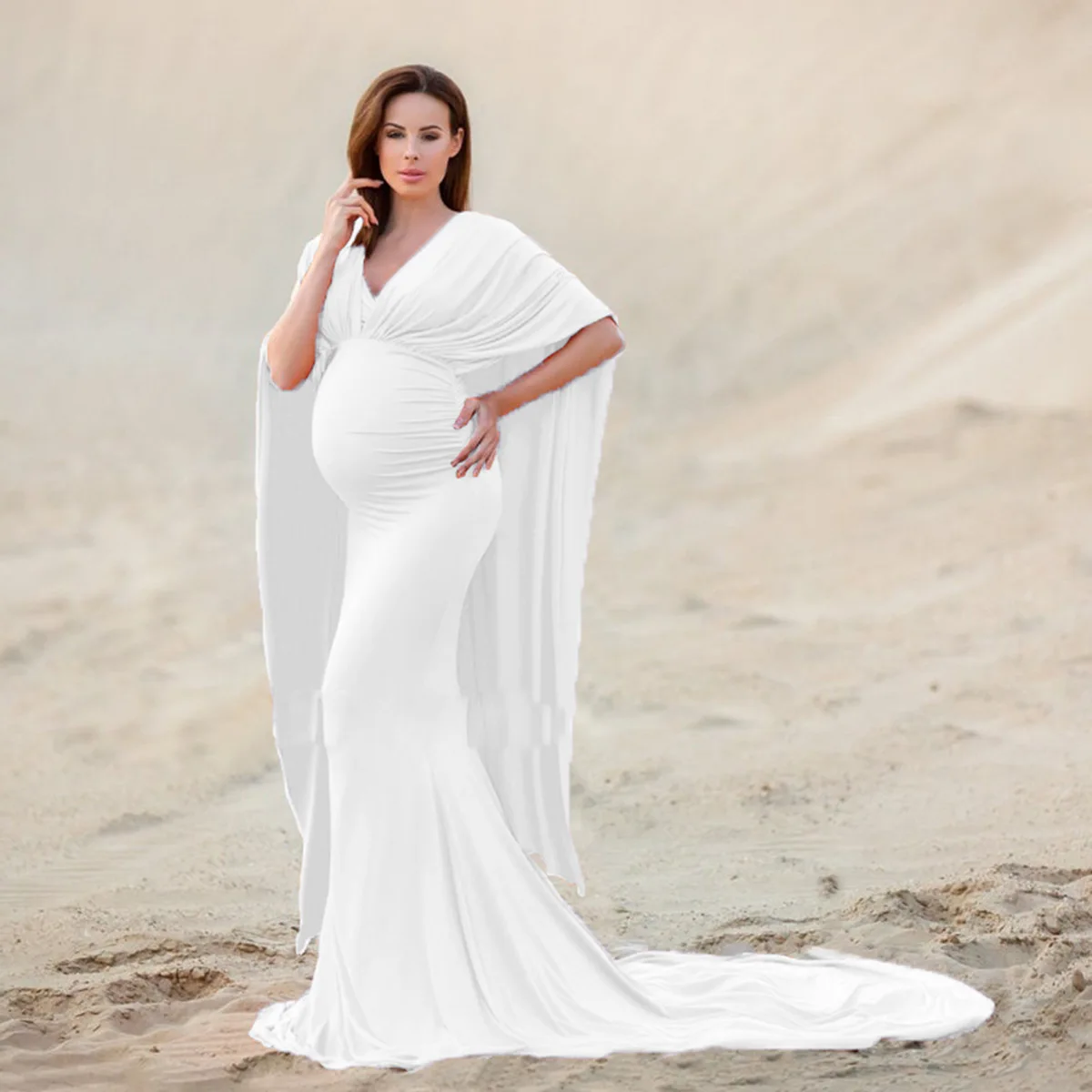 

2022 Maternity Gown V-neck Cape Floor Length Skirt Baby Shower Dress for Women Pregnant Woman Soft and Comfortable White