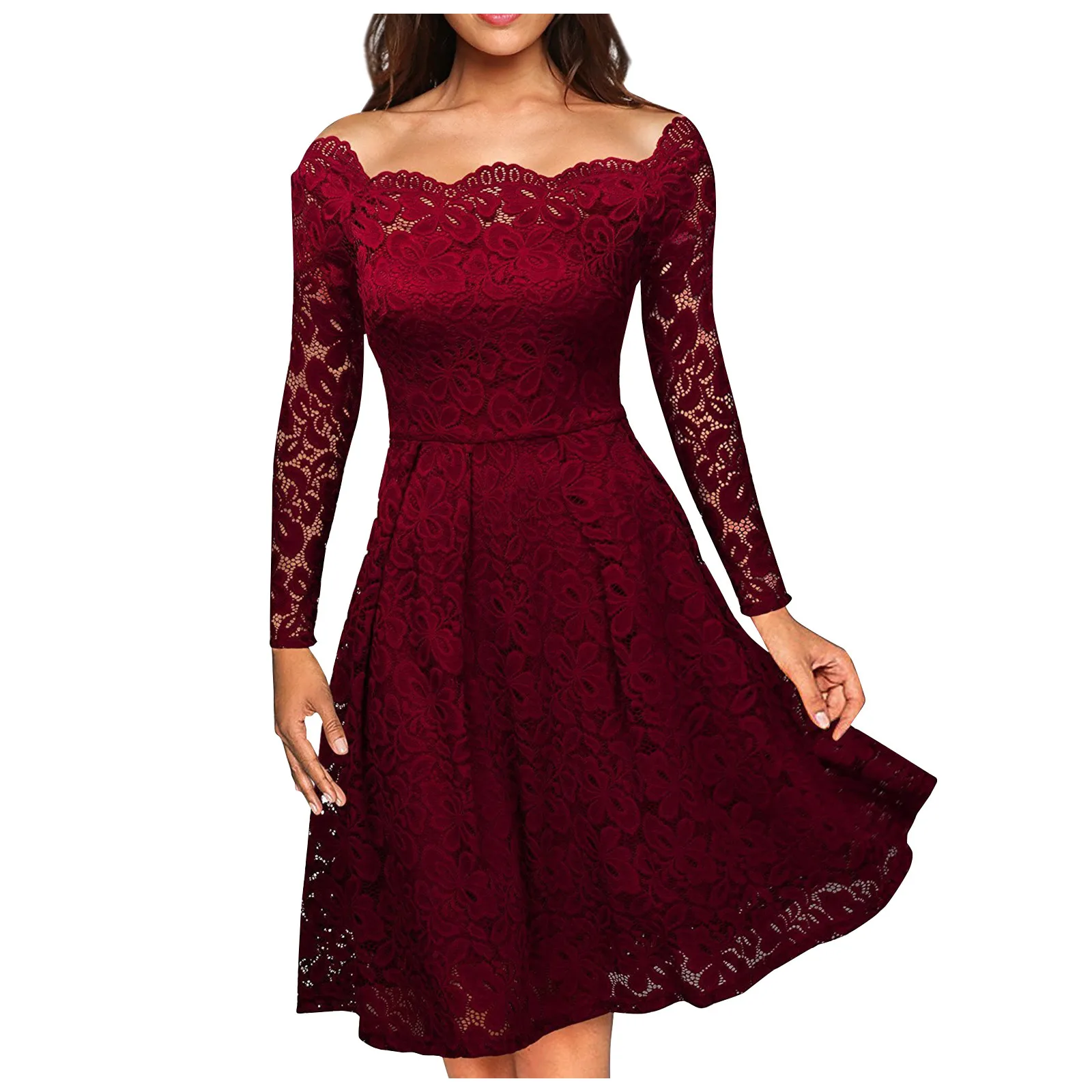 

Women'S Dress Casual Fasion Solid Color Lace Dress Female Strapless Hollow Out Long-Sleeve Waist A-Line Swing Lace Dress