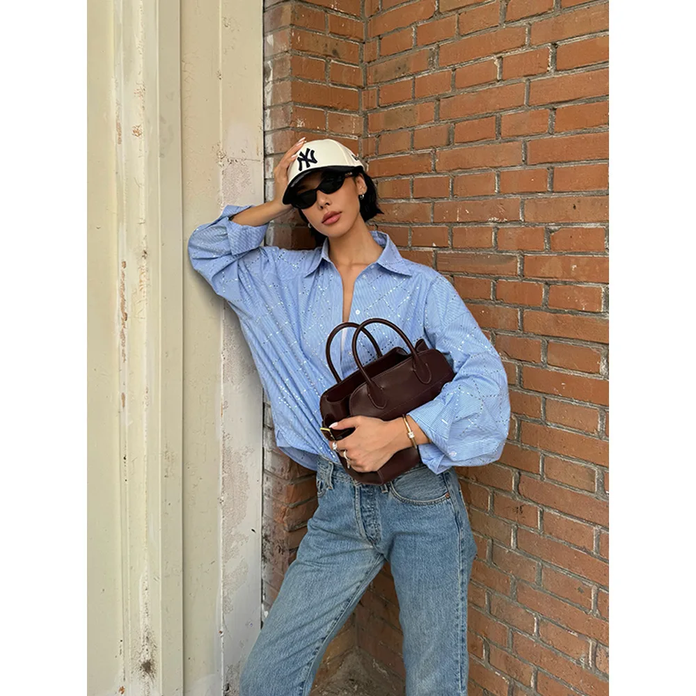 VanessaLab осень/зима свободная повседневная рубашка в синюю полоску с ромбовидным