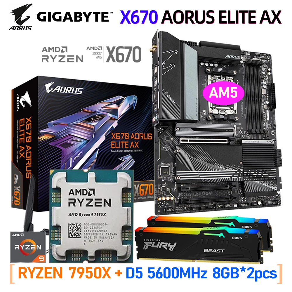 

Комплект материнской платы Gigabyte X670 AORUS ELITE AX WIFI 6E Ryzen AMD AM5 7950X, комбинированная память DDR5 16 ГБ, комплект ОЗУ для настольного компьютера, центральный процессор R9 7950X Intel 2.5Gbe 128G M.2 ATX