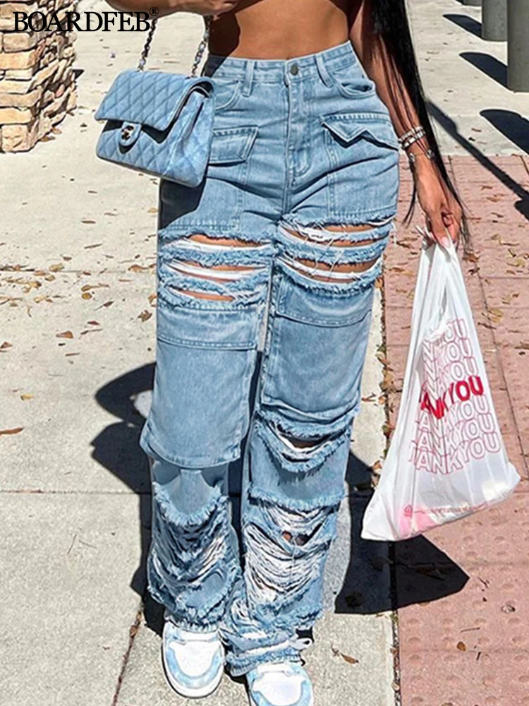 

Женские джинсы с вырезами, женские повседневные рваные прямые джинсовые брюки с бахромой и карманами, женские уличные свободные джинсы с широкими штанинами
