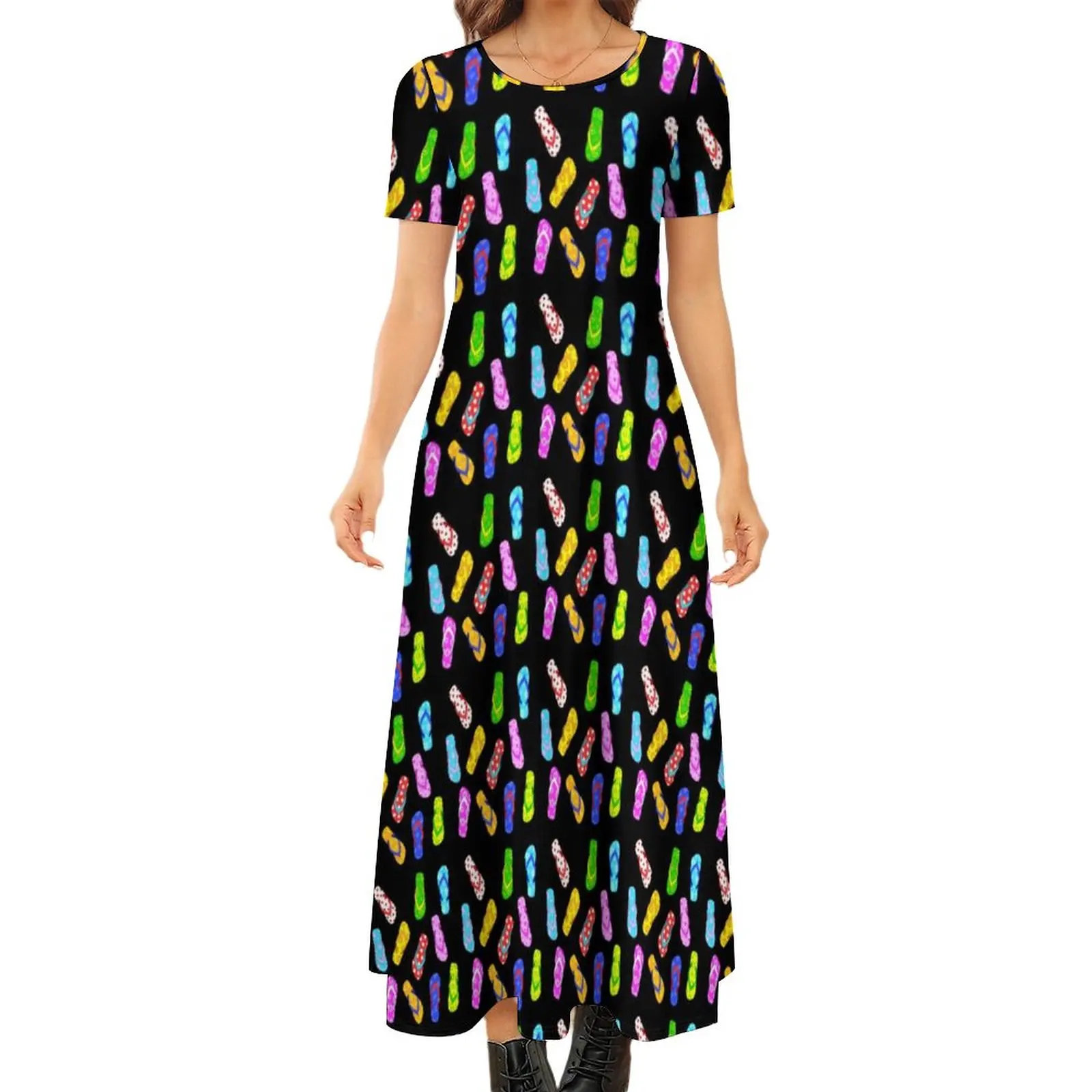 

Summer Vacation Dress Flip Flop Pattern Black Kawaii Maxi Dress Street Wear Bohemia Long Dresses Short Sleeve Oversized Vestido