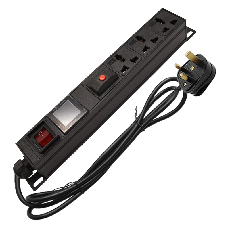 

New Aluminum Case 16A AC 3 jacks 1U Universal PDU output IEC Power Cord Socket illuminated ON OFF Switch Ammeter With 2M wire