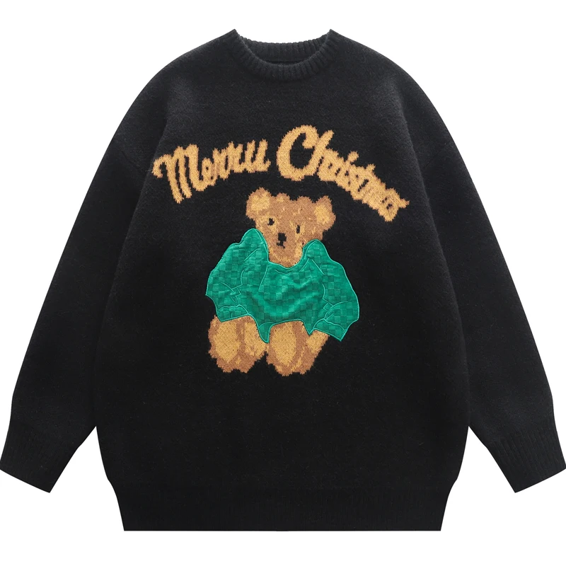 

Трикотажный свитер в американском стиле, однотонный джемпер с вышитыми буквами в виде рождественского медведя, Свободный пуловер унисекс с...