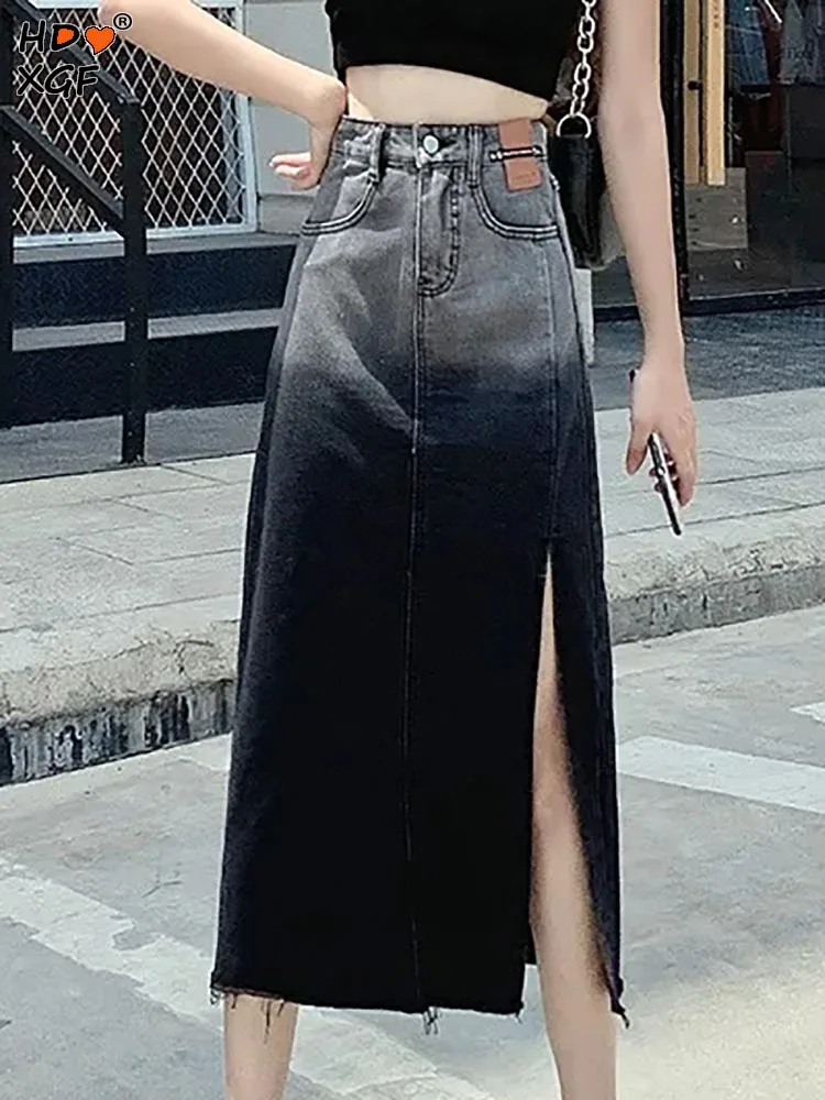 

Женская длинная юбка на молнии, трапециевидная юбка с завышенной талией и разрезом, градиентная черная юбка в стиле High Street