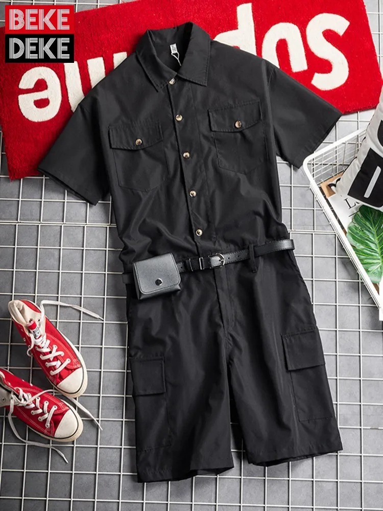 

Комбинезоны-карго унисекс, тонкие летние свободные брюки до колена, повседневные Комбинезоны с коротким рукавом и множеством карманов, муж...