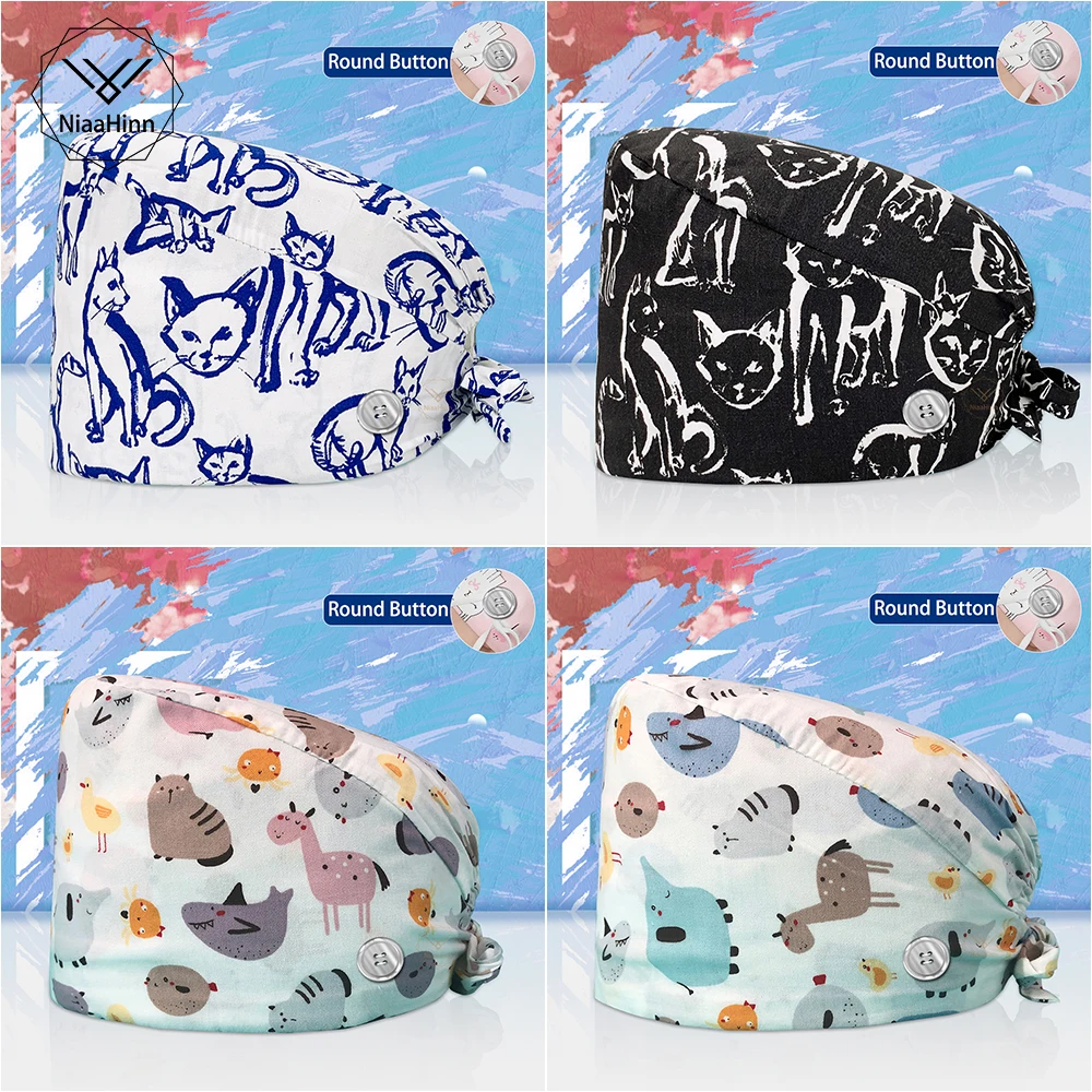 

Pet Beauty Work Hat with Sweat-absorbent Dentist Cartoon Print Cap Nurse Cotton Health Service Scrubs Women Hats Wholesale Price