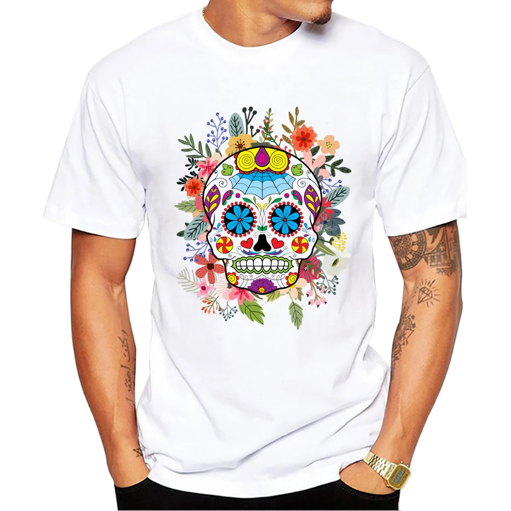 Teehub O-Ausschnitt Kurzarm männlich lässig Halloween Männer Kleidung Vintage Streetwear Zucker Schädel Druck Männer T-Shirt – Detail 4