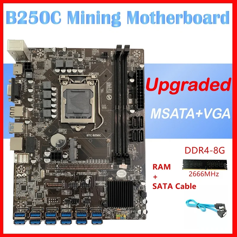 

B250c Mining Motherboard 12 USB 3.0 to PCIe x16 PCI-E 12P Graphics Card LGA 1151 DDR4 BTC Eth Miner + SATA Cable + Ddr4 8G RamD4