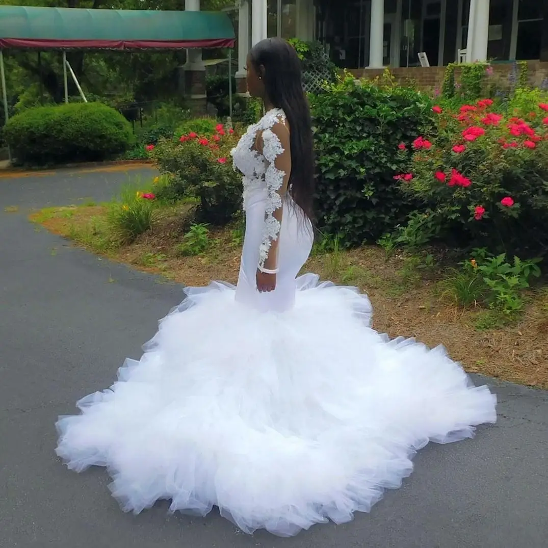 

Plus Size African Mermaid Wedding Dresses 3D Lace Appliques Tiered Ruffles Wedding Dress Long Sleeves Bridal Gowns vestidos