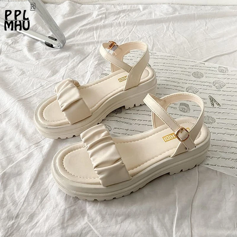 

Сандалии женские из ПУ кожи, перфорированные римские сандалии, Нескользящие, с открытым носком, на платформе, повседневная обувь с круглым р...