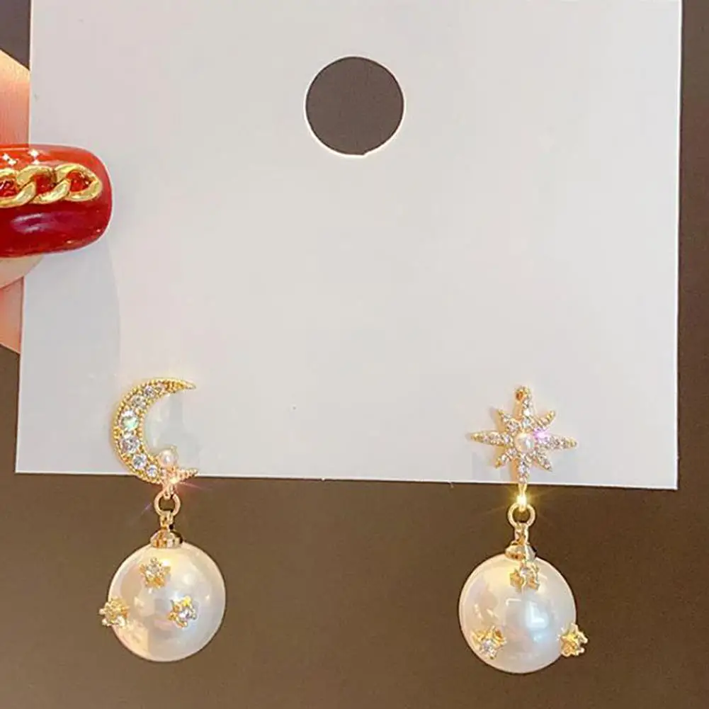 

1 Pair Stylish Copper All-match Sweet Star And Moon Faux Pearl Pendant Earrings for Dating Pendant Earrings Drop Earrings