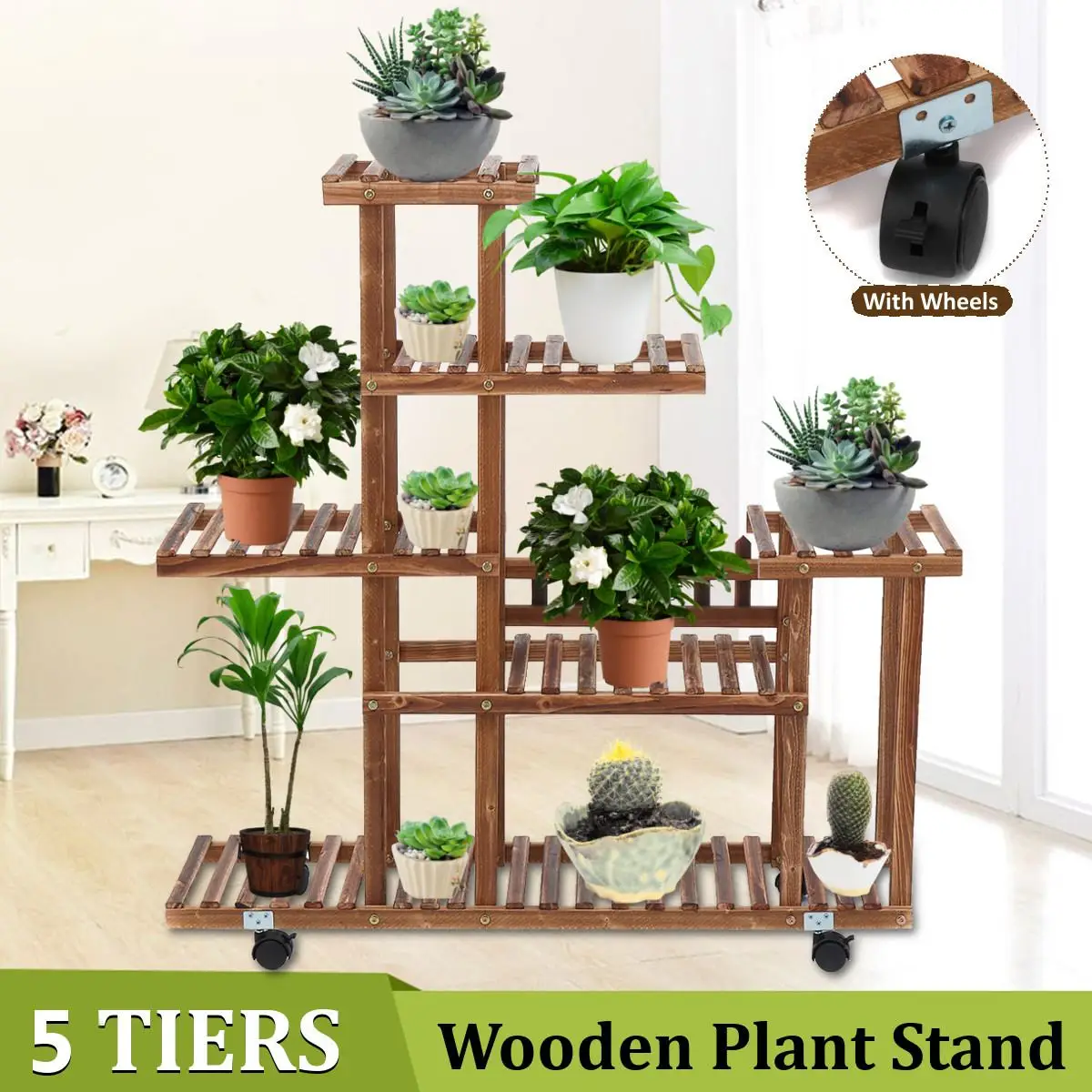 

5 Tier Bamboo 12 Potted Plant Stand Rack Multiple Flower Pot Holder Shelf Indoor Outdoor Planter Display Shelving Unit for Patio