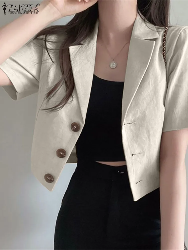 

Summer Short Sleeve Blazer ZANZEA Womens Cotton Tops 2022 Female Streetwears Casaul Solid Lapel Neck Office Lady Suits Outwears