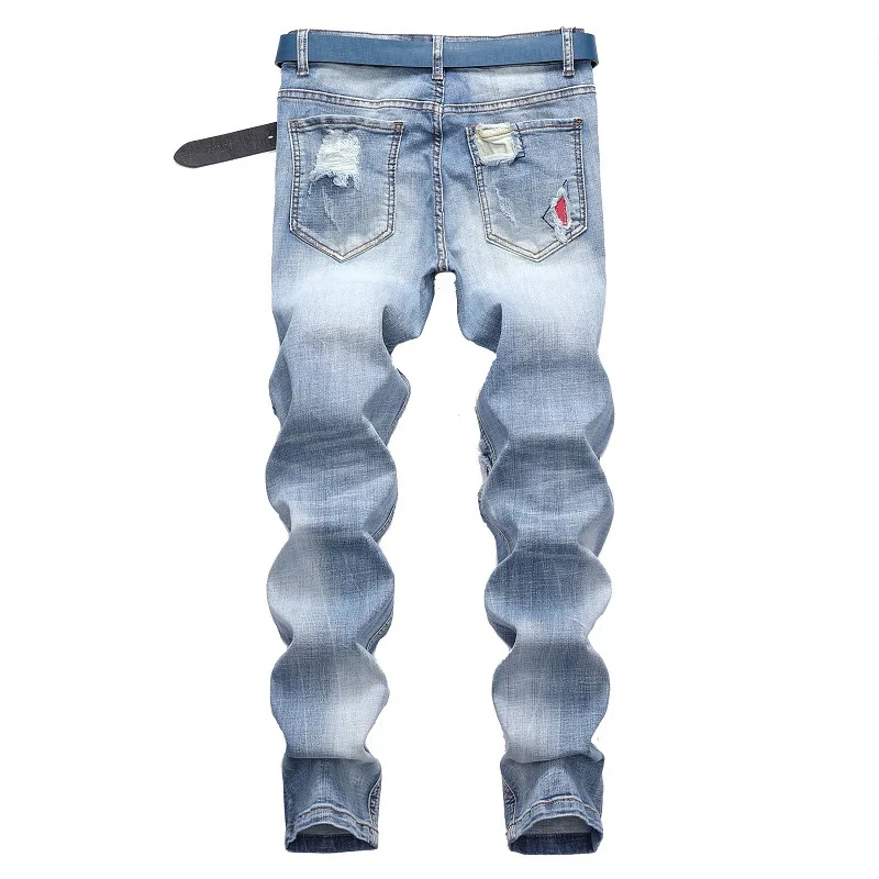 Mens Jeans Light Color Stretch Motorcycle Denim Pants Fashionable Men's Ripped Jeans Spring and Autumn Full Length Trousers